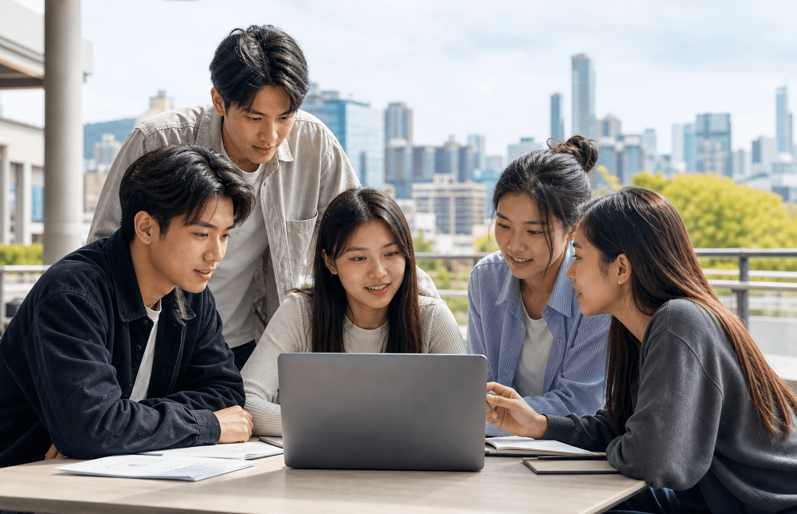 Students planning a project together against the Hong Kong skyline