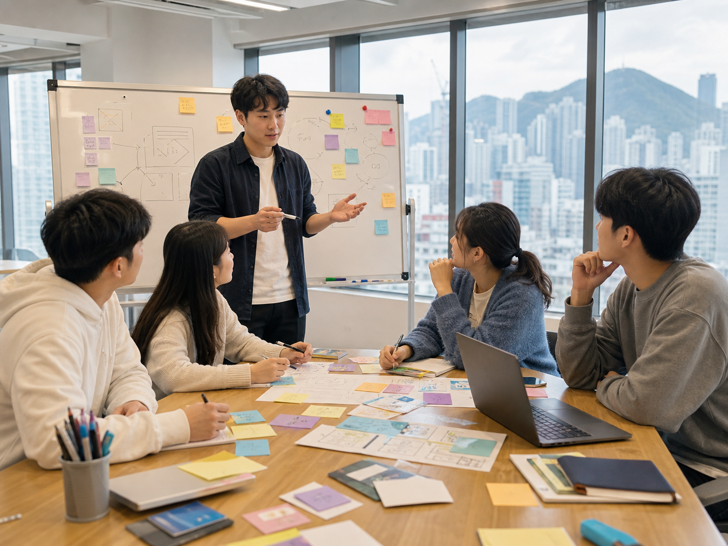 Students collaborating during a project management workshop
